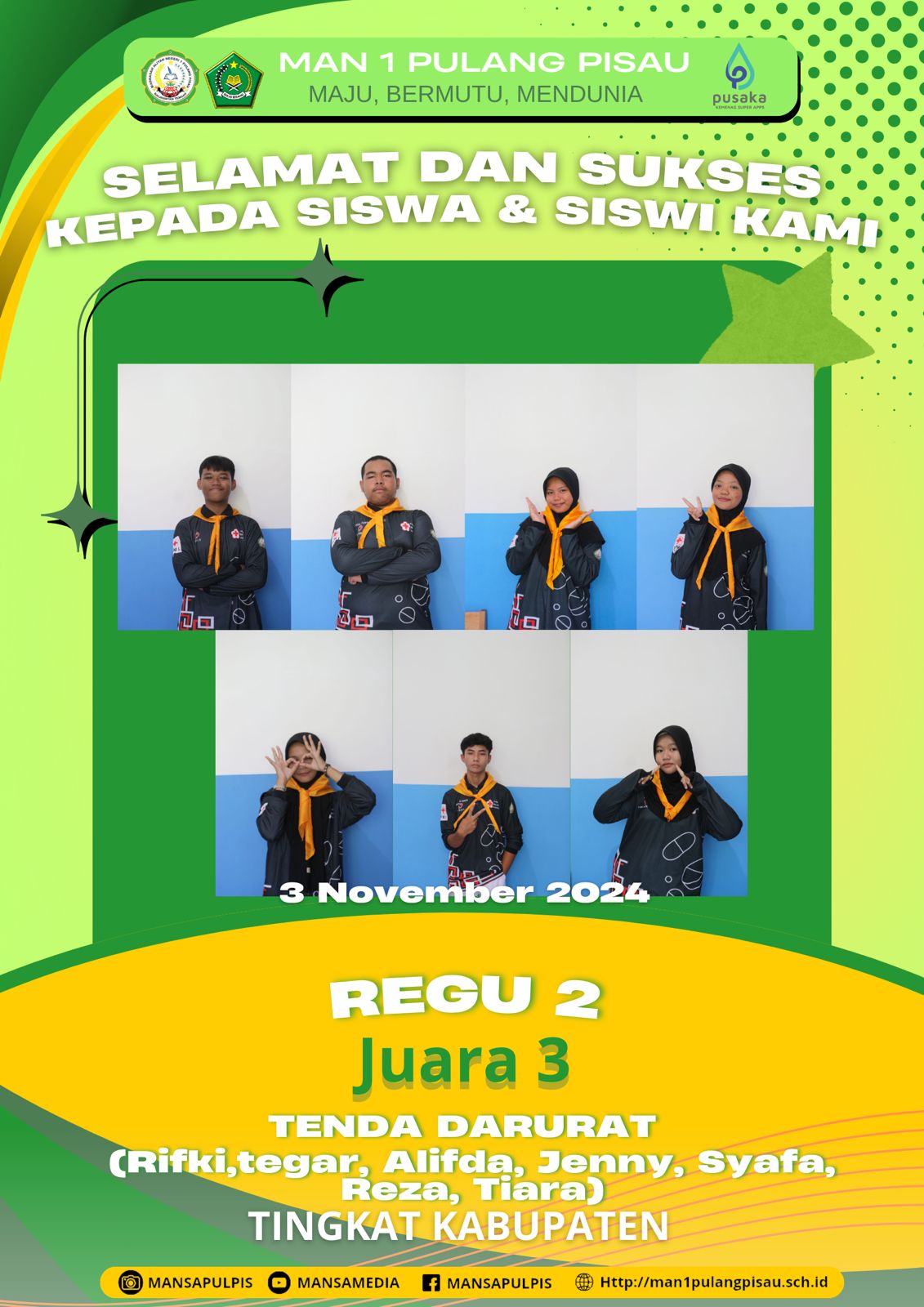 TIM REGU 2 PMR MAN 1 Pulang Pisau Plus Keterampilan Berhasil Meraih Juara 3 Tenda Darurat